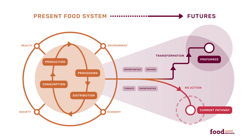 The left side of the food system futures figure is a simplified representation of the present food system, comprising four components of the food system that include production, processing, distribution, and consumption. The components sit within a circle that indicates that these impact each other. The food system produces outcomes for individual health, the environment, the economy, and society. These outcomes are shown in a concentric circle around the food system components, indicating their interrelationship with the components and their impact on each other. 
In the middle of the food system futures figure, there is a single pathway emerging from the present food system towards food system futures. This pathway is impacted by opportunities, drivers, threats, and uncertainties. Towards the right side of the figure, this pathway diverges to two different pathways. One pathway labelled the current pathway indicates no action is taken and continues downward to the bottom of the figure. The second pathway labelled preferred goes upwards in steps, which are labelled transformation, indicating that we can have a preferred food system future through transformation. All of the pathways occur within a cone of colour, which indicates that there are many different pathways, and thus many different food system futures.