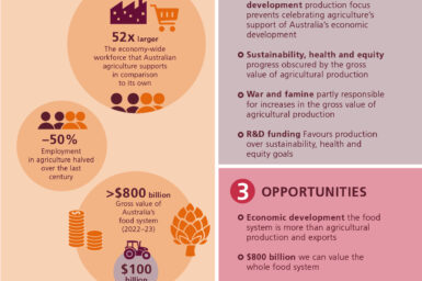 This is an infographic that summarises economic measures of Australia’s food system, its challenges and opportunities. Some of the facts presented include: Australian agriculture supports an economy-wide workforce 52 times larger than its own; employment in agriculture halved over the last century; the gross value of Australia’s food system in 2022-23 is greater than $800 billion, while the target for the gross value of agricultural production is $100 billion. Challenges identified include: production focus prevents celebrating agriculture’s support of Australia’s economic development; progress in sustainability, health and equity goals are obscured by the gross value of agricultural production; war and famine are partly responsible for increases in the gross value of agricultural production; research and development funding favours production over sustainability, health and equity goals. Opportunities identified include: economic development focusing on the food system as a whole; we can value the whole food system; net values provide greater insights into sustainability than gross measures; balance R&D funding for production vs sustainability, health and equity goals.