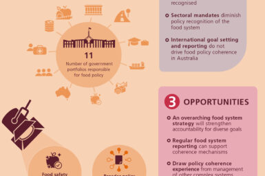 This is an infographic that summarises the state of food system policy coherence in Australia, its challenges and opportunities. Some of the facts presented include: there are 11 government portfolios responsible for food policy; food safety is the current focus of policy coordination; broad policy coordination exists but it is patchy. Challenges identified include: the food system and its interaction are poorly recognised; sectoral mandates diminish policy recognition of the food system; international goal setting and reporting do not drive food policy coherence in Australia. Opportunities identified include: an overarching food system strategy will strengthen accountability for diverse goals; regular food system reporting can support coherence mechanisms; draft policy coherence from management of other complex systems.